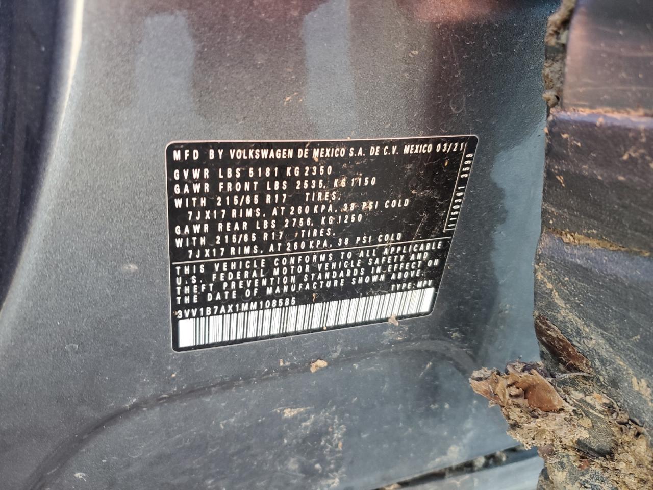 2021 Volkswagen Tiguan VIN 3VV1B7AX1MM108585 Copart auction photo, all over damage thumbnail 13
