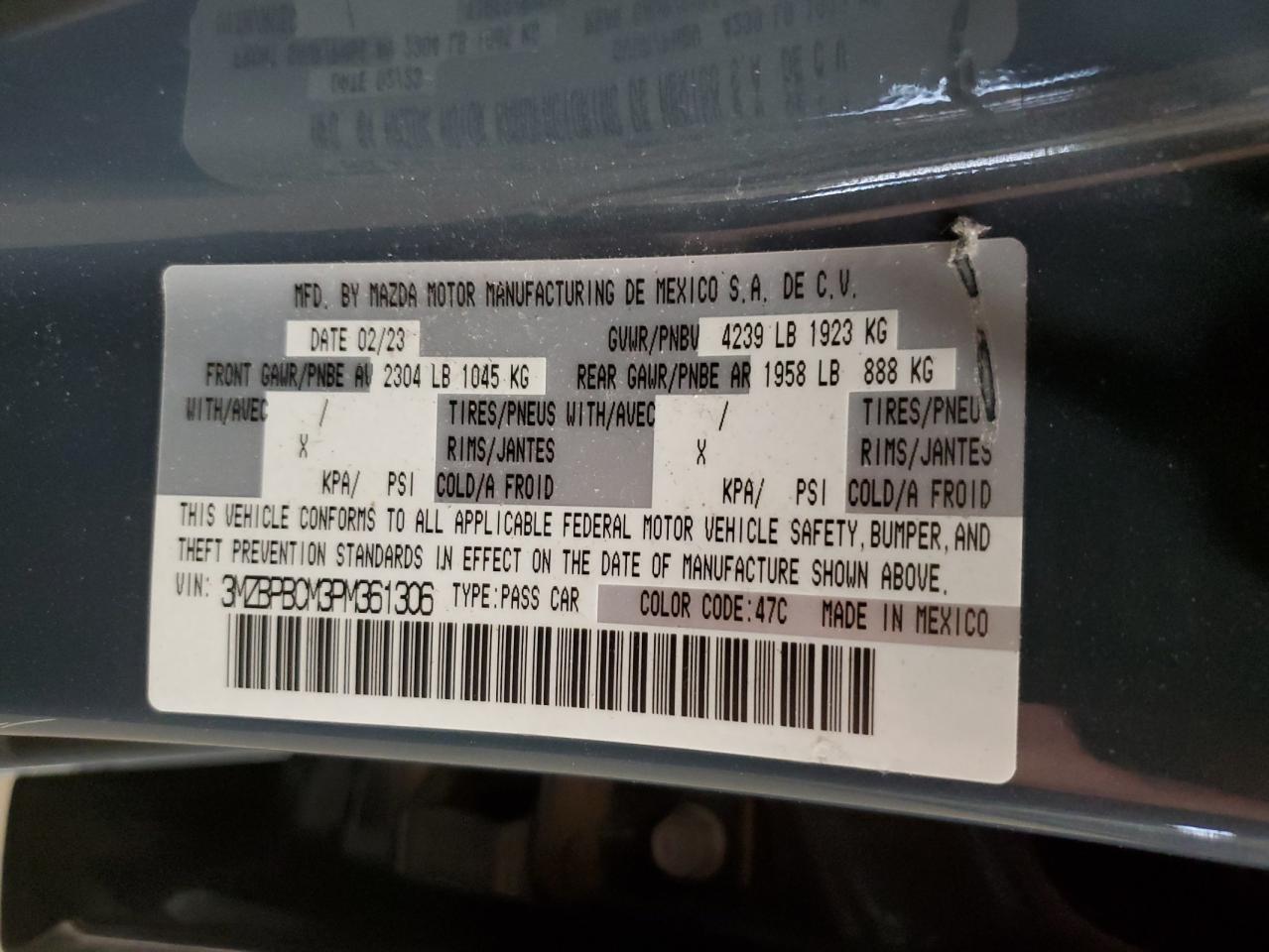 2023 Mazda 3 VIN 3MZBPBCM3PM361306 Copart auction photo, all over damage thumbnail 12