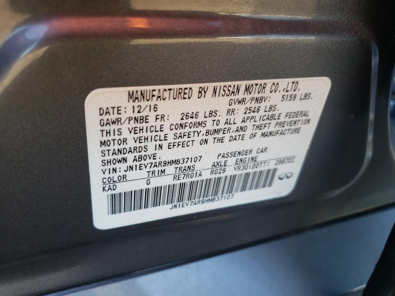 2017 Infiniti Q50 VIN JN1EV7AR9HM837107 Copart auction photo, undercarriage / side damage thumbnail 14