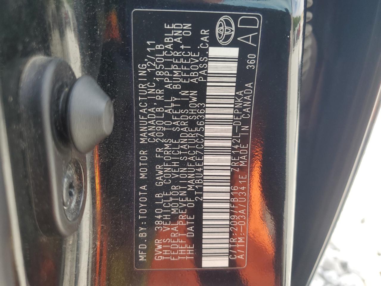 2012 Toyota Corolla VIN 2T1BU4EE7CC756363 Copart auction photo, rear end / side damage thumbnail 15