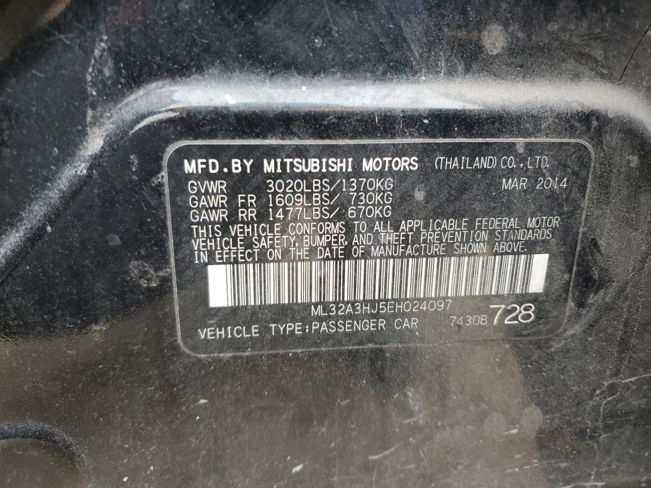 2014 Mitsubishi Mirage VIN ML32A3HJ5EH024097 Copart auction photo, rear end / minor dent/scratches damage thumbnail 12