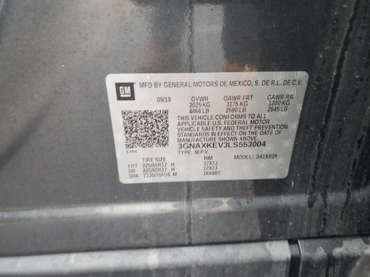 2020 Chevrolet Equinox VIN 3GNAXKEV3LS553004 Copart auction photo, rear end damage thumbnail 13