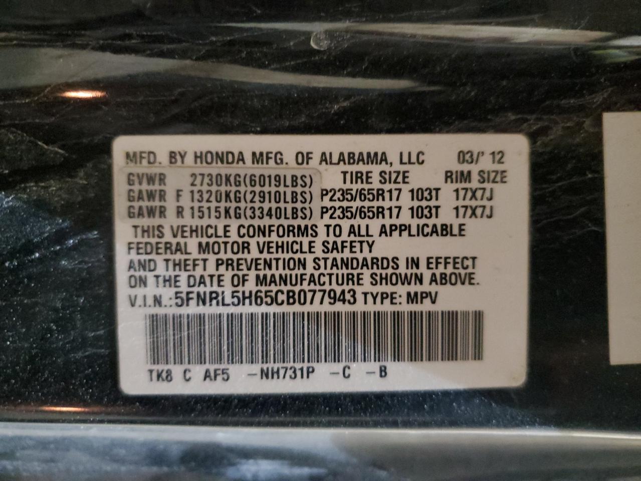 2012 Honda Odyssey VIN 5FNRL5H65CB077943 Copart auction photo, all over / undercarriage damage thumbnail 13