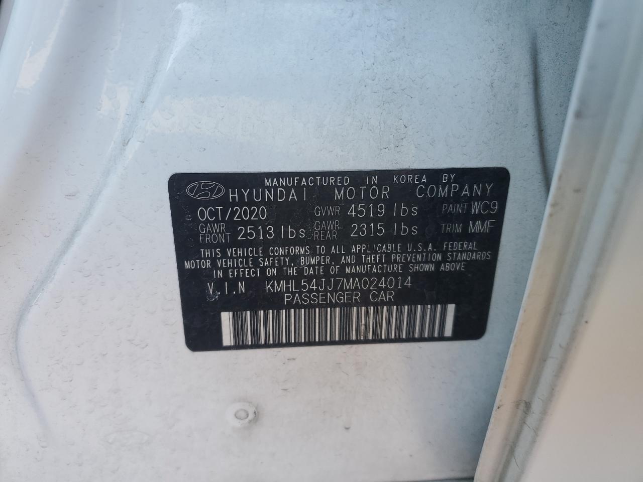 2021 Hyundai Sonata VIN KMHL54JJ7MA024014 Copart auction photo, front end damage thumbnail 13