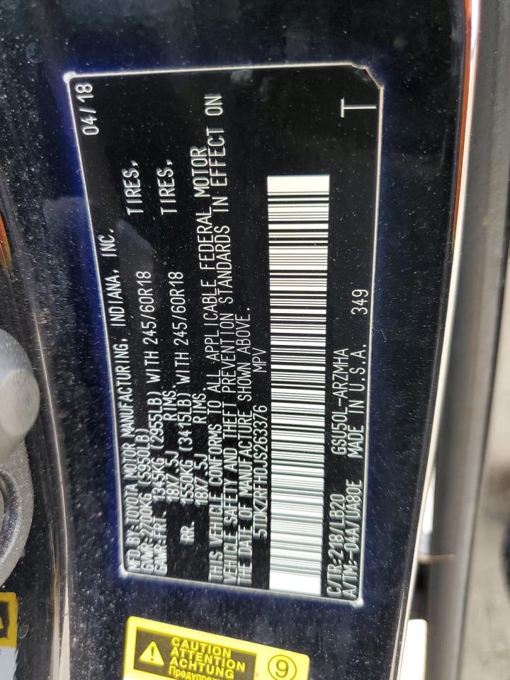 2018 Toyota Highlander VIN 5TDKZRFH0JS263376 Copart auction photo, water/flood damage thumbnail 14