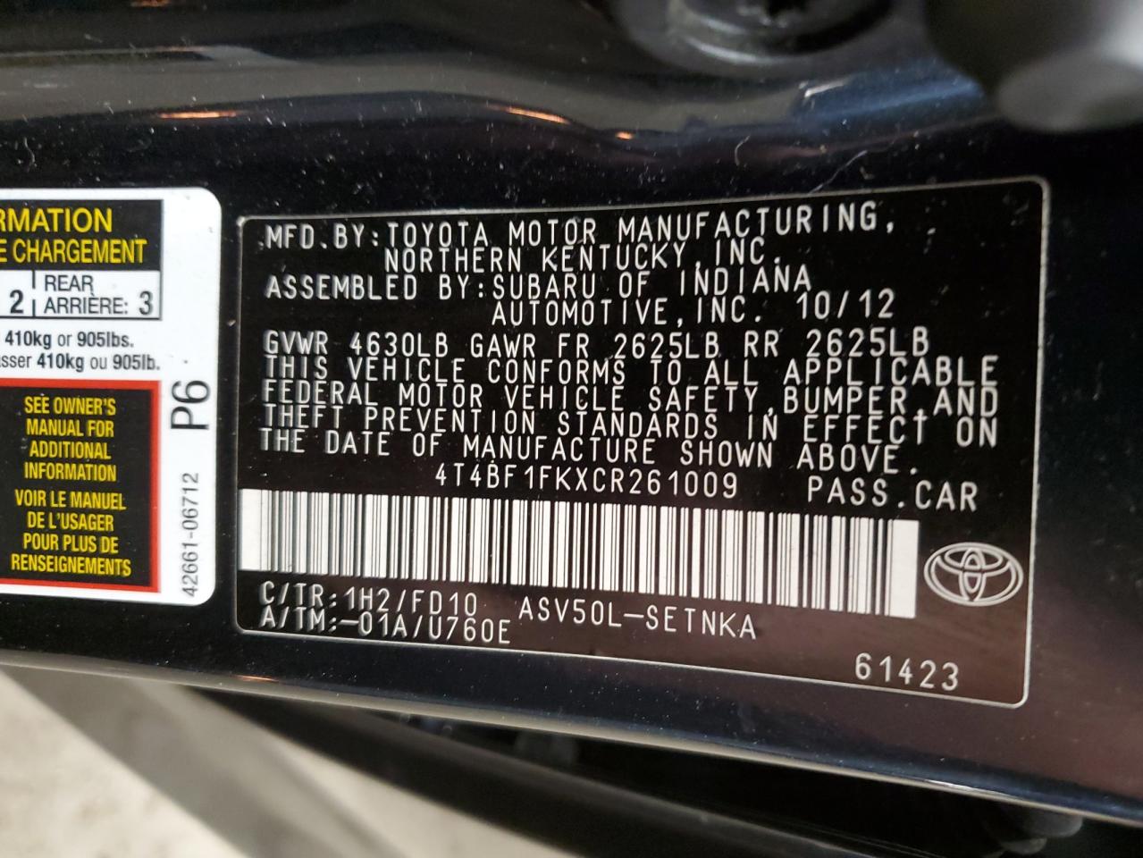 2012 Toyota Camry VIN 4T4BF1FKXCR261009 Copart auction photo, front end damage thumbnail 13