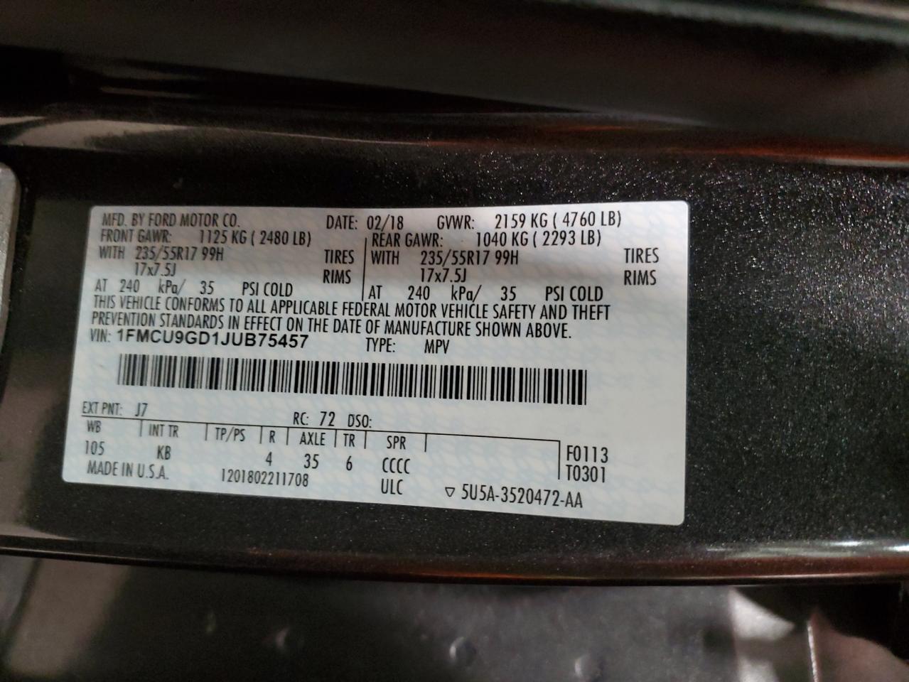2018 Ford Escape VIN 1FMCU9GD1JUB75457 Copart auction photo, front end damage thumbnail 13