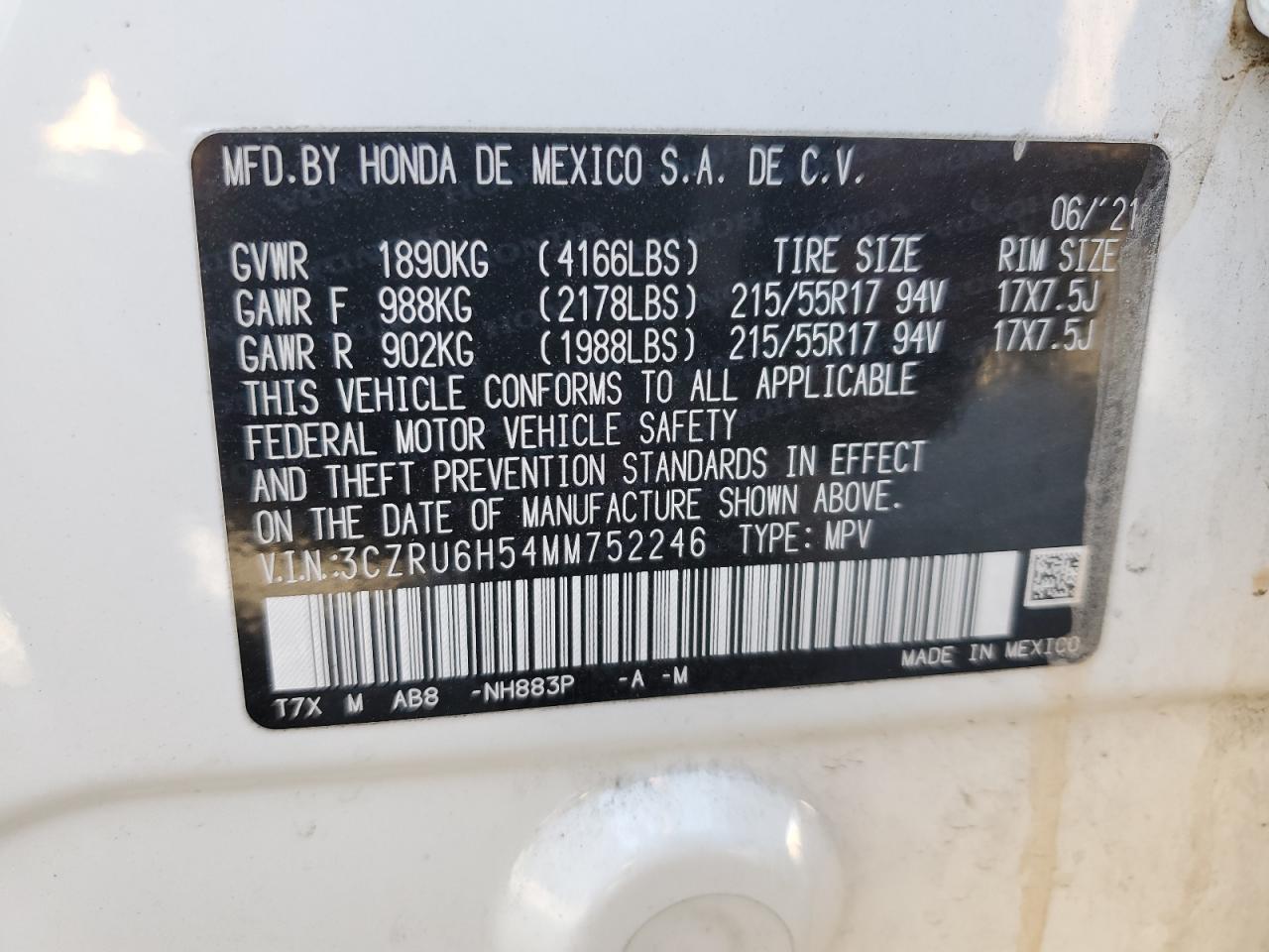 2021 Honda HR-V VIN 3CZRU6H54MM752246 Copart auction photo, all over damage thumbnail 14