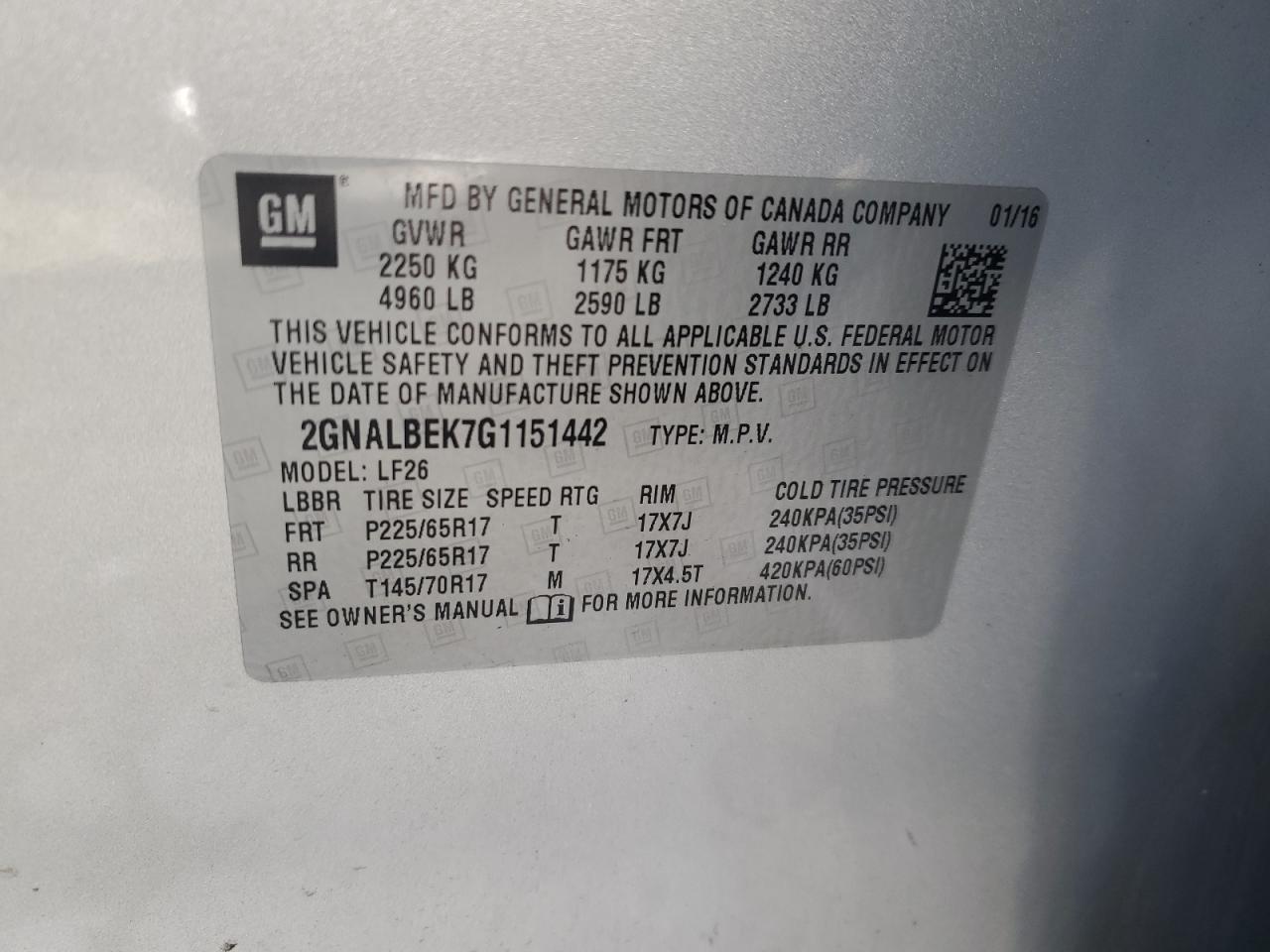 2016 Chevrolet Equinox VIN 2GNALBEK7G1151442 Copart auction photo, minor dent/scratches / mechanical damage thumbnail 13