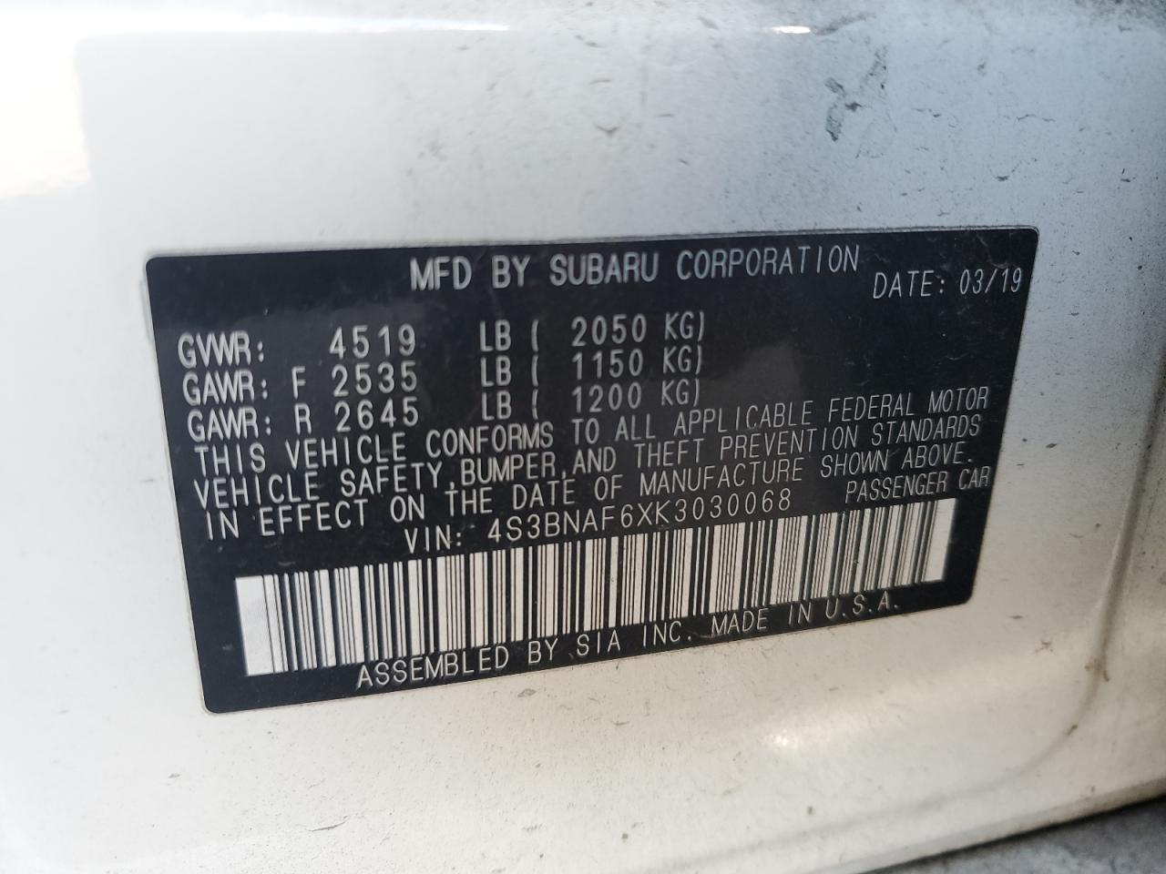 2019 Subaru Legacy VIN 4S3BNAF6XK3030068 Copart auction photo, rear end damage thumbnail 12