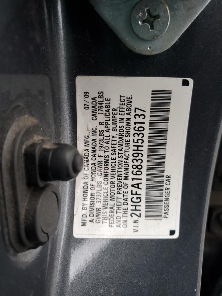 2009 Honda Civic VIN 2HGFA16839H536137 Copart auction photo, front end damage thumbnail 14