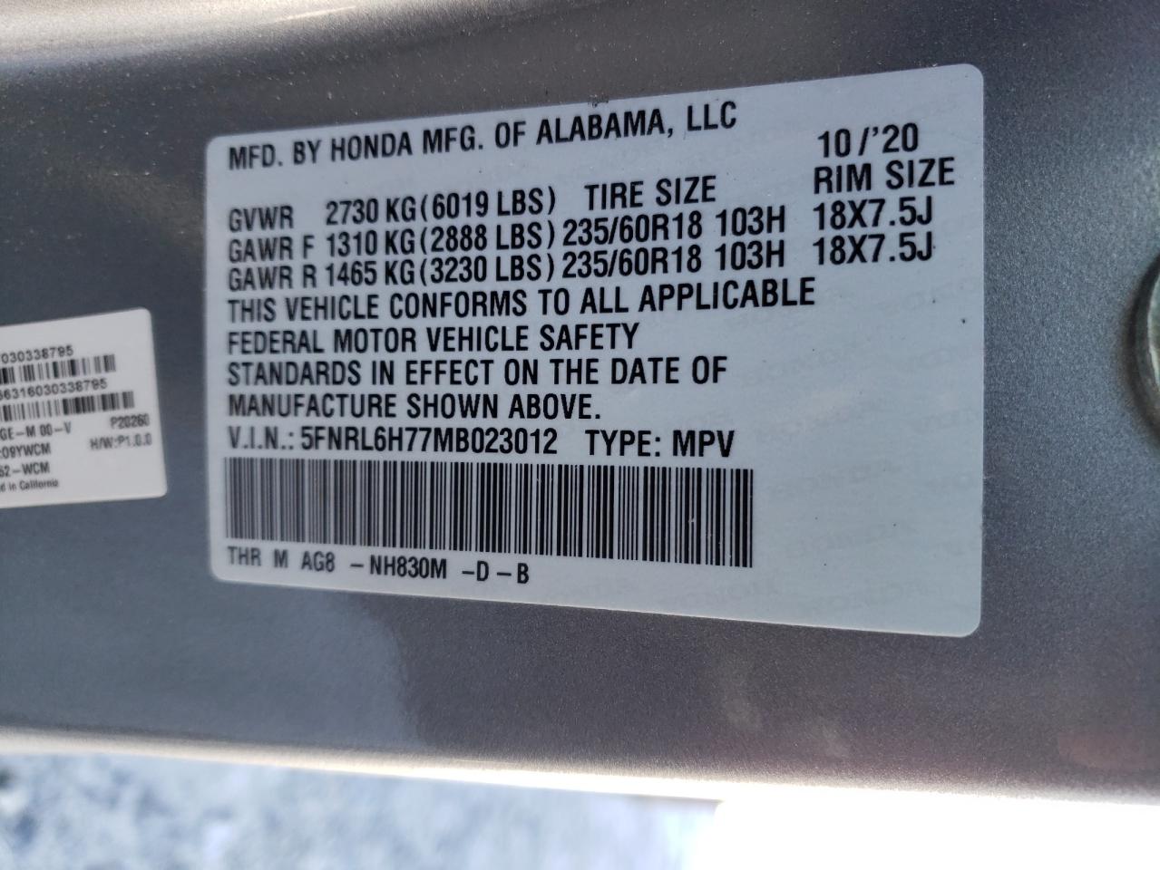 2021 Honda Odyssey VIN 5FNRL6H77MB023012 Copart auction photo, front end damage thumbnail 14