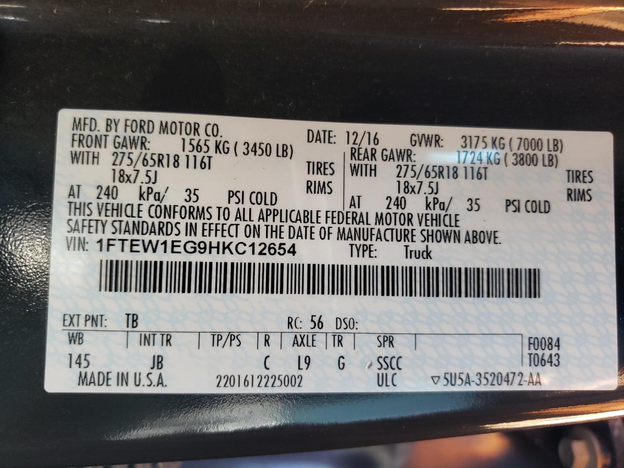 2017 Ford F-150 VIN 1FTEW1EG9HKC12654 Copart auction photo, front end / undercarriage damage thumbnail 14