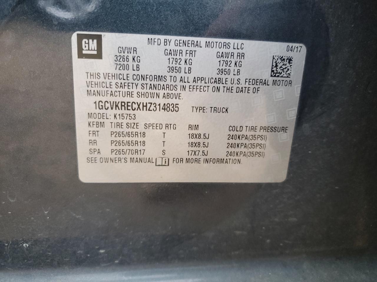 2017 Chevrolet Silverado VIN 1GCVKRECXHZ314835 Copart auction photo, side / front end damage thumbnail 13