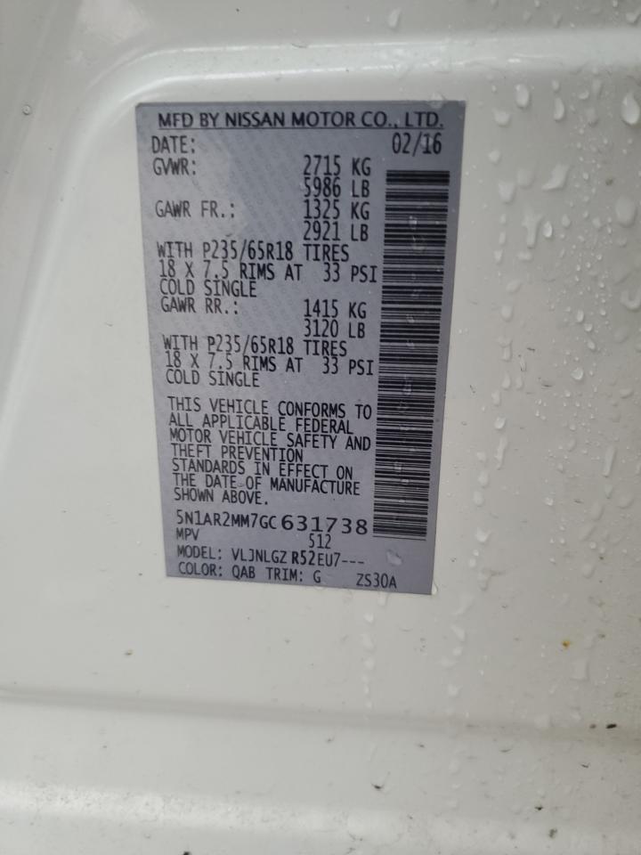 2016 Nissan Pathfinder VIN 5N1AR2MM7GC631738 Copart auction photo, side / front end damage thumbnail 13