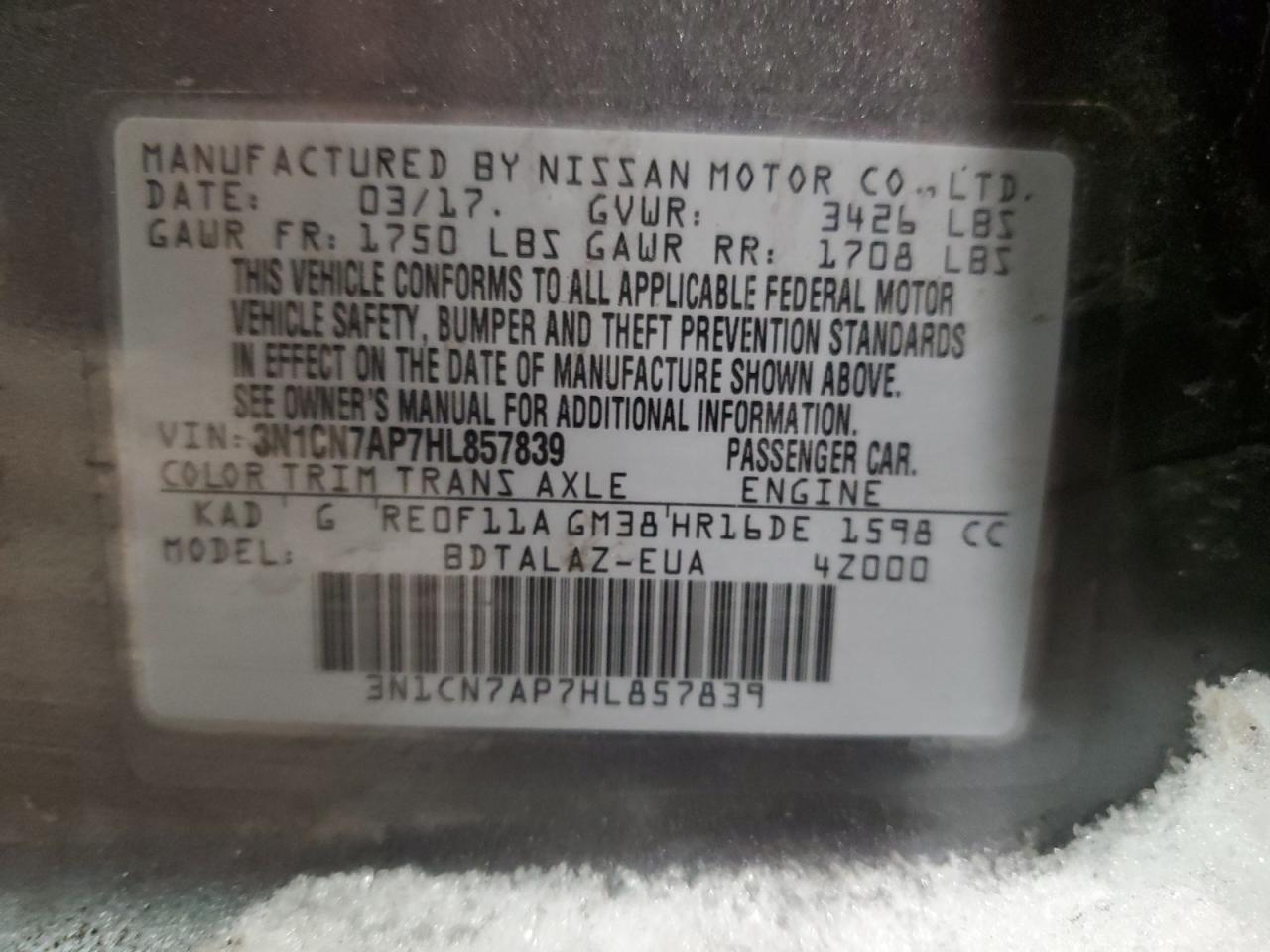 2017 Nissan Versa VIN 3N1CN7AP7HL857839 Copart auction photo, front end damage thumbnail 13