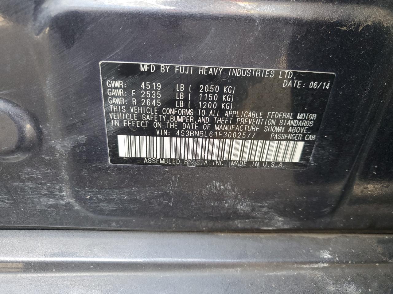 2015 Subaru Legacy VIN 4S3BNBL61F3002577 Copart auction photo, front end / side damage thumbnail 13