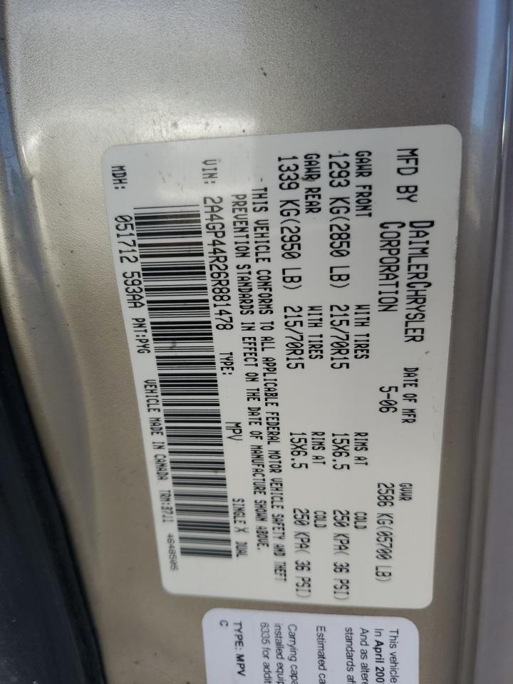 2006 Chrysler Town & Country VIN 2A4GP44R26R881478 Copart auction photo, front end damage thumbnail 13