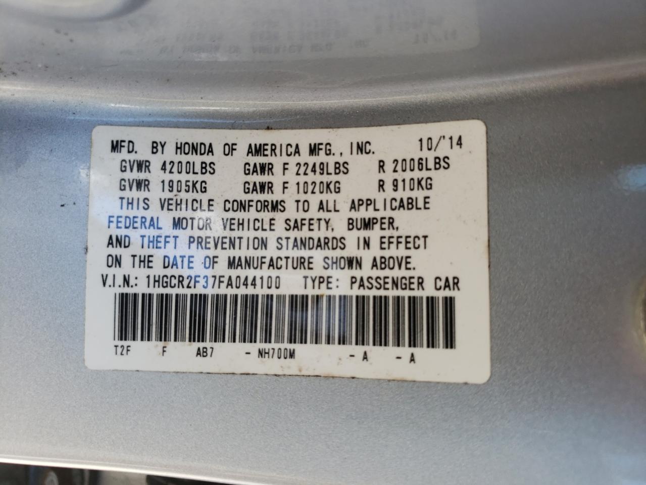 2015 Honda Accord VIN 1HGCR2F37FA044100 Copart auction photo, rear end / minor dent/scratches damage thumbnail 13