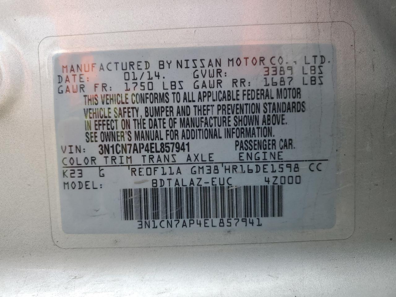 2014 Nissan Versa VIN 3N1CN7AP4EL857941 Copart auction photo, rear end damage thumbnail 13