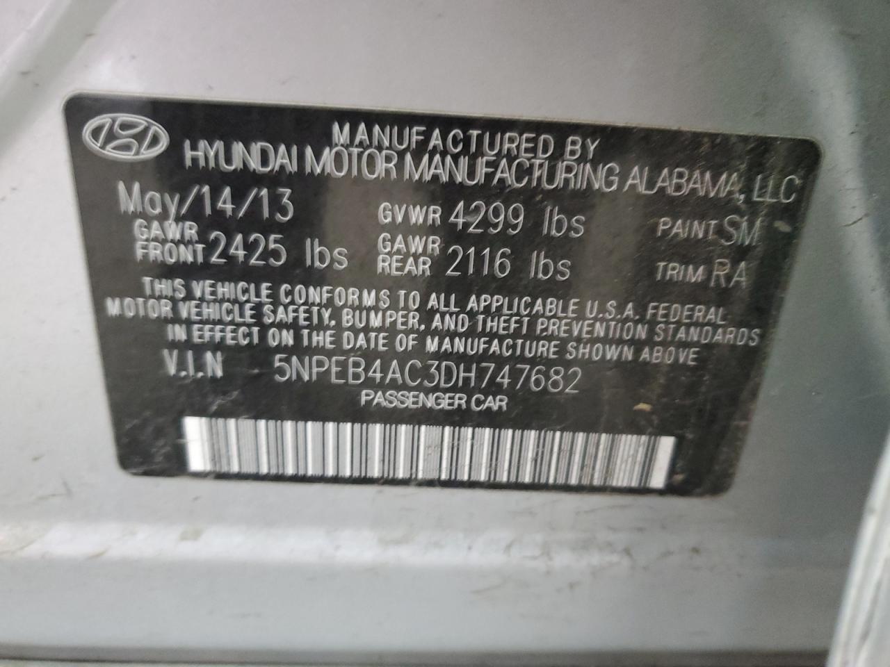 2013 Hyundai Sonata VIN 5NPEB4AC3DH747682 Copart auction photo, front end damage thumbnail 13