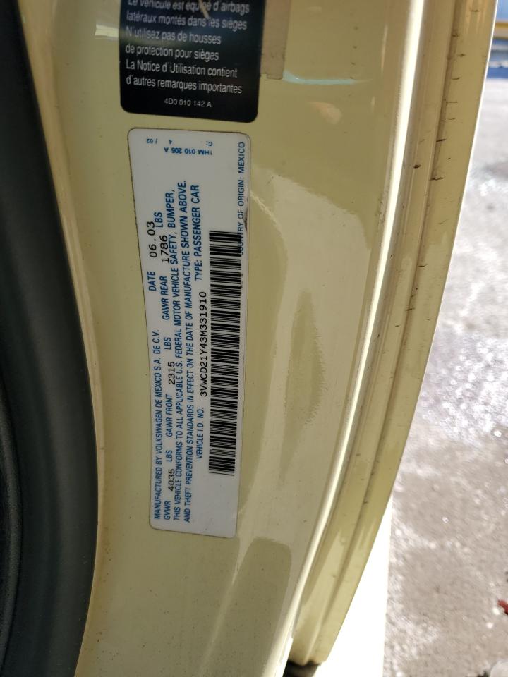 2003 Volkswagen Beetle VIN 3VWCD21Y43M331910 Copart auction photo, front end damage thumbnail 14