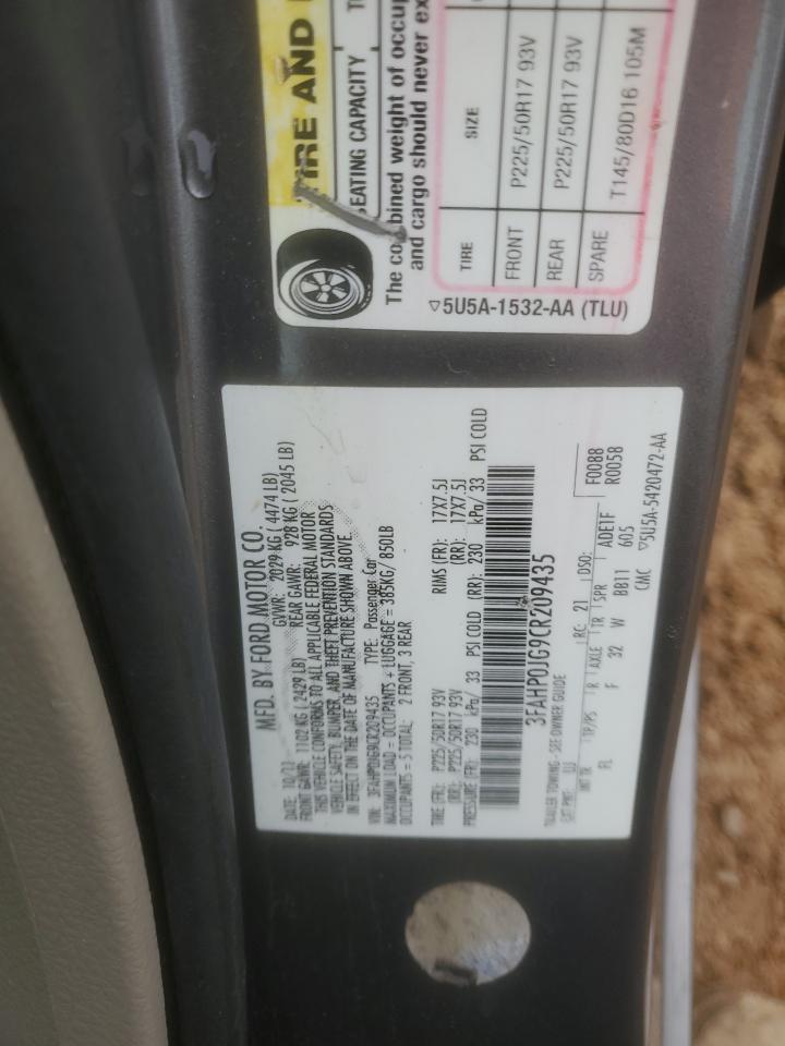 2012 Ford Fusion VIN 3FAHP0JG9CR209435 Copart auction photo, front end damage thumbnail 13