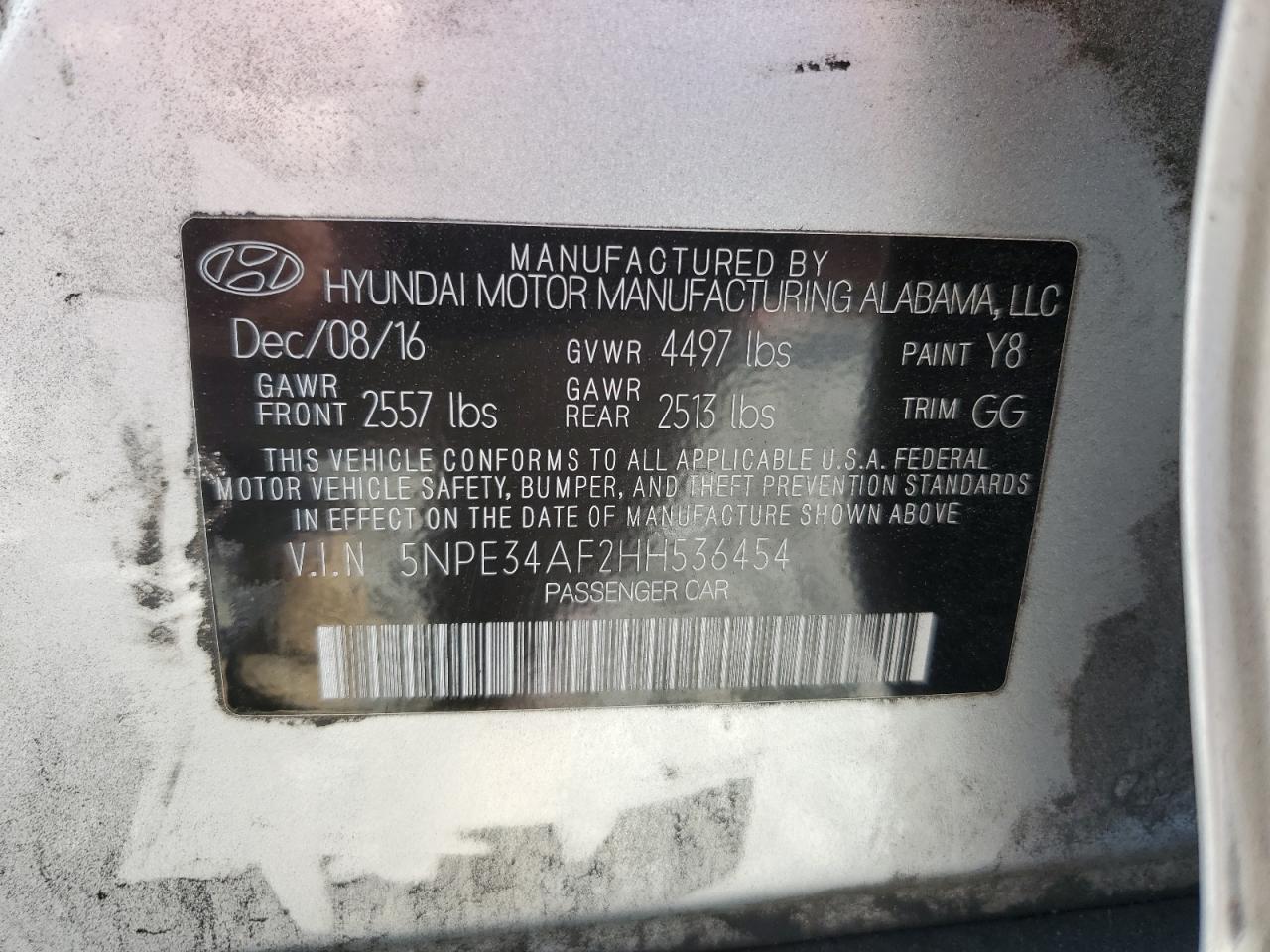 2017 Hyundai Sonata VIN 5NPE34AF2HH536454 Copart auction photo, front end damage thumbnail 14