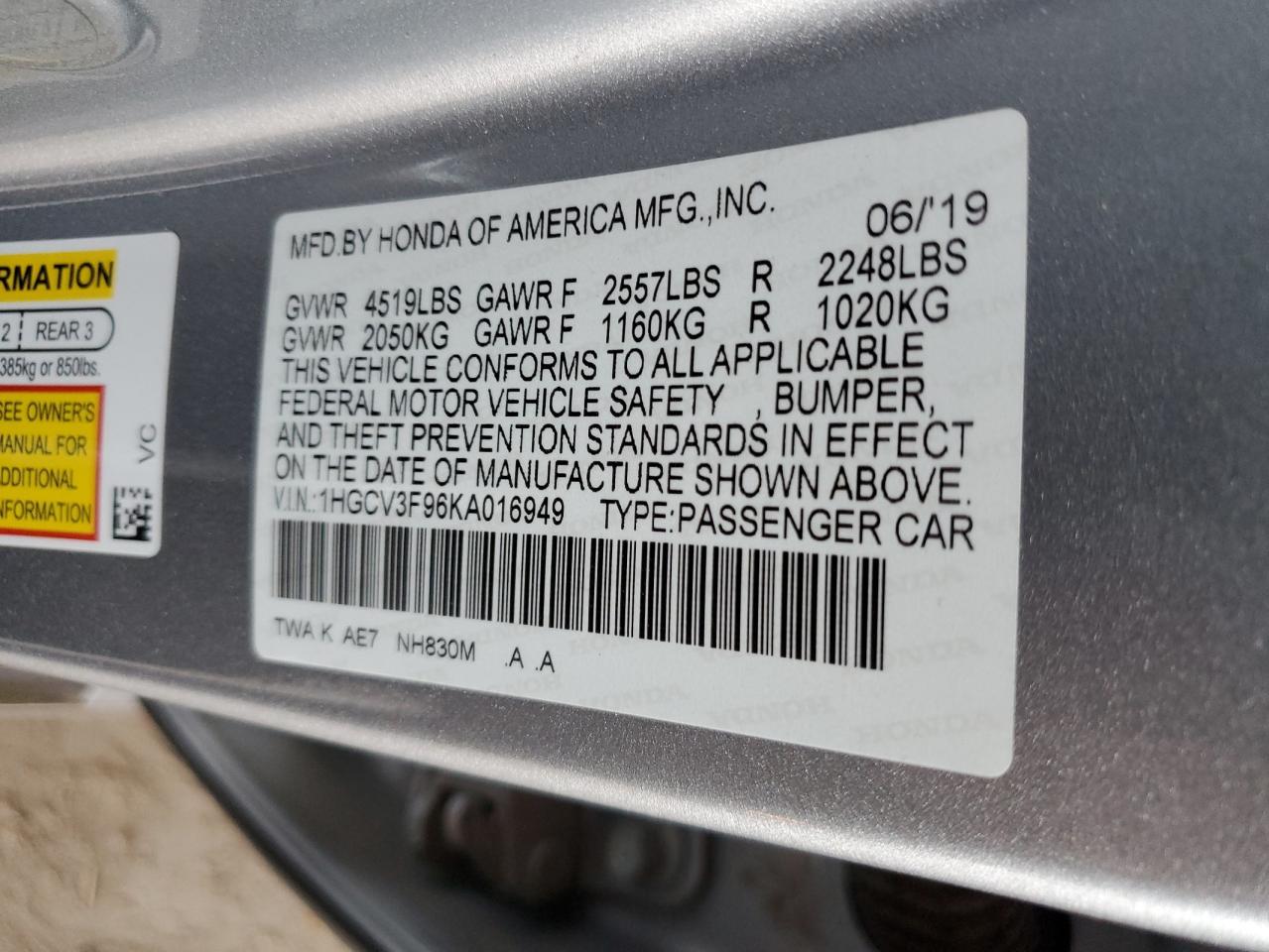 2019 Honda Accord VIN 1HGCV3F96KA016949 Copart auction photo, front end / side damage thumbnail 14