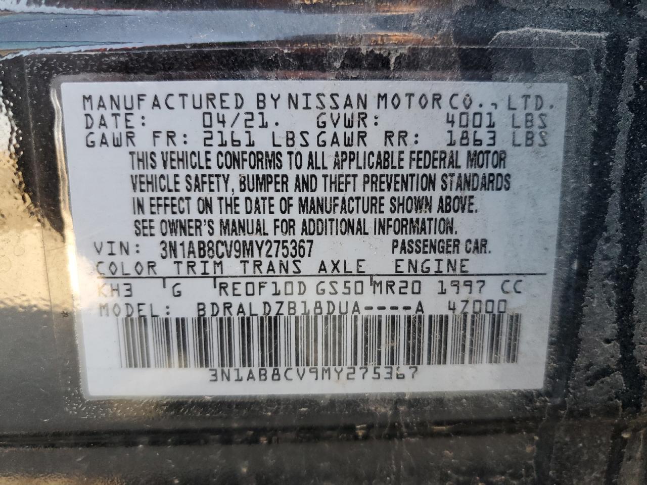 2021 Nissan Sentra VIN 3N1AB8CV9MY275367 Copart auction photo, side / minor dent/scratches damage thumbnail 14