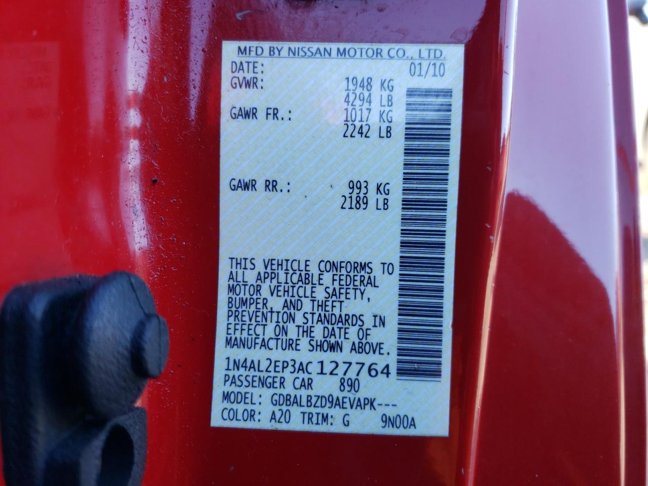 2010 Nissan Altima VIN 1N4AL2EP3AC127764 Copart auction photo, front end damage thumbnail 14