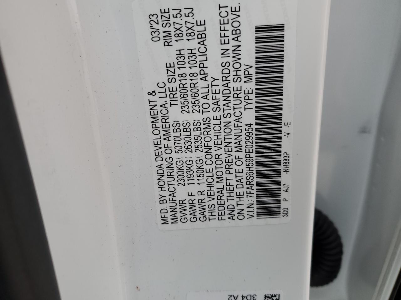 2023 Honda CR-V VIN 7FARS6H59PE029954 Copart auction photo, rear end / front end damage thumbnail 14