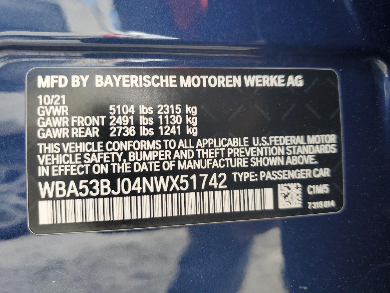 2022 BMW 5er VIN WBA53BJ04NWX51742 Copart auction photo, front end / frame damage damage thumbnail 12
