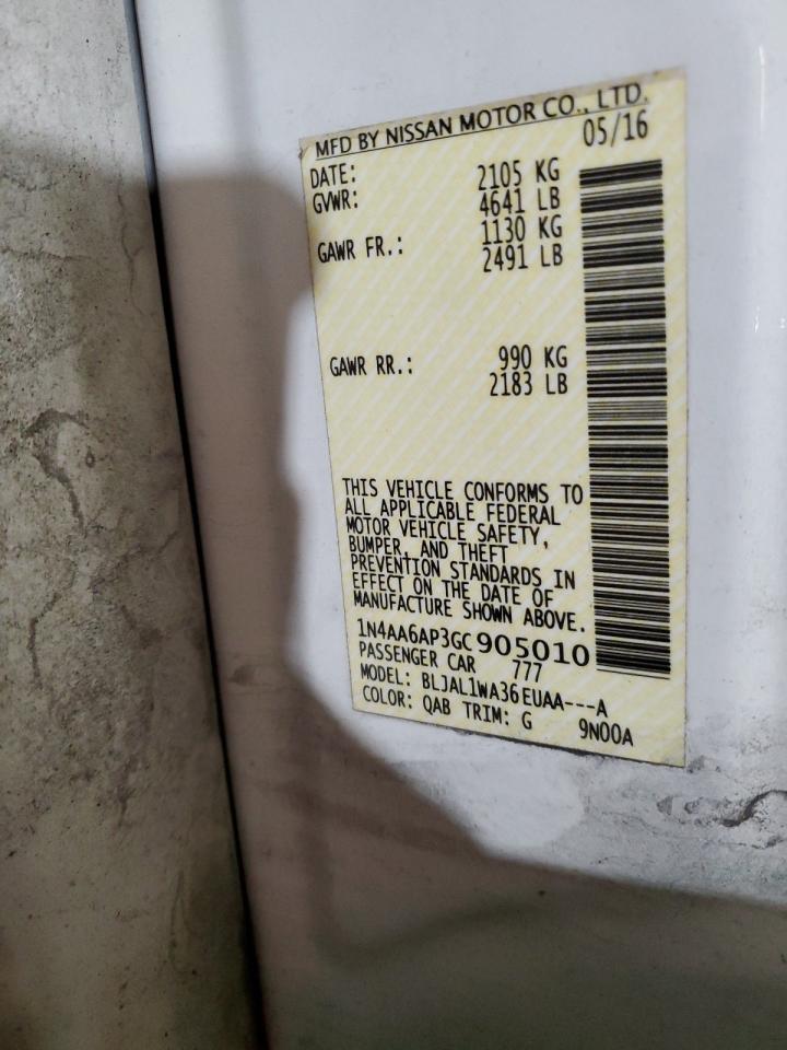 2016 Nissan Maxima VIN 1N4AA6AP3GC905010 Copart auction photo, front end / side damage thumbnail 12