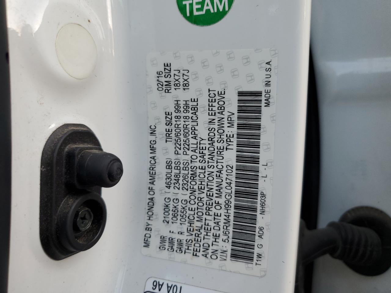 2016 Honda CR-V VIN 5J6RM4H99GL047102 Copart auction photo, front end damage thumbnail 14