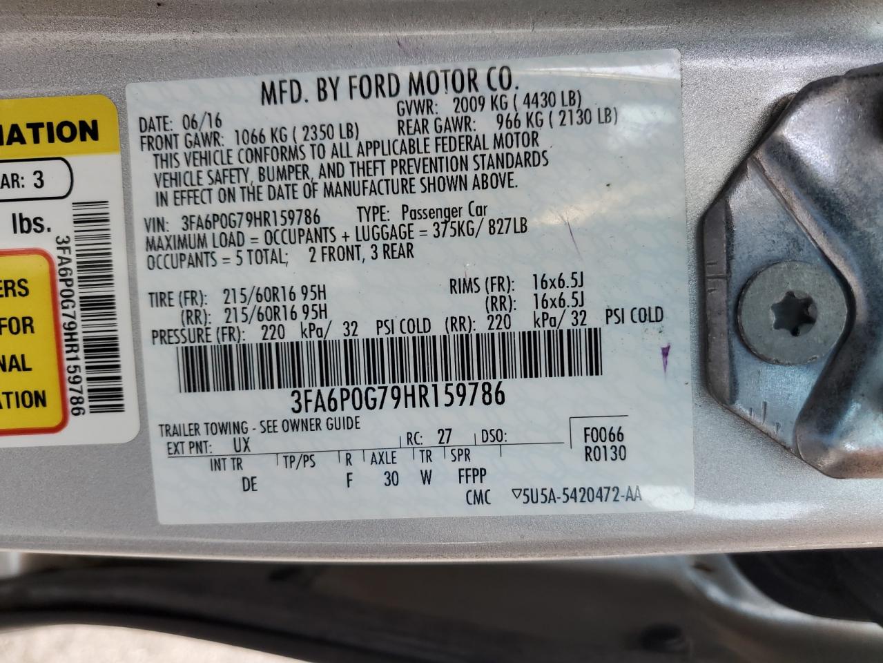 2017 Ford Fusion VIN 3FA6P0G79HR159786 Copart auction photo, normal wear damage thumbnail 12