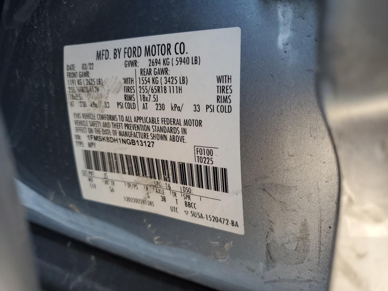 2022 Ford Explorer VIN 1FMSK8DH1NGB13127 Copart auction photo, side damage thumbnail 13