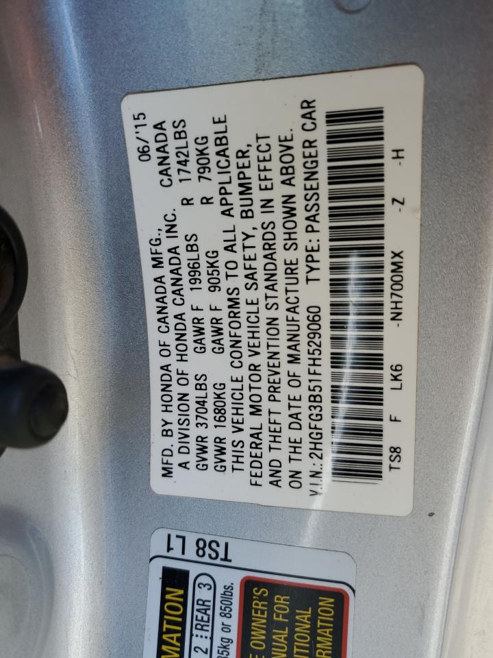 2015 Honda Civic VIN 2HGFG3B51FH529060 Copart auction photo, minor dent/scratches damage thumbnail 12