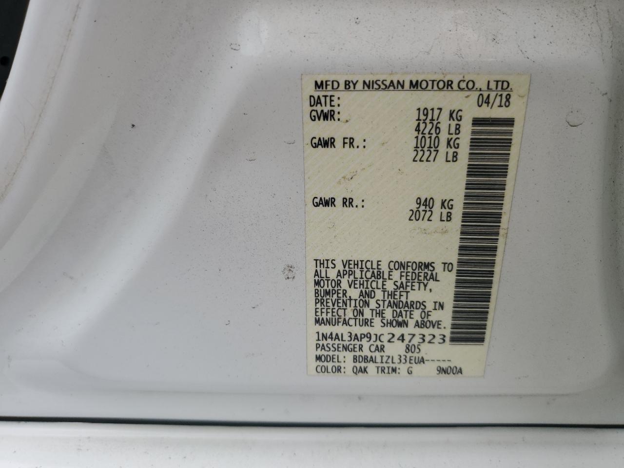 2018 Nissan Altima VIN 1N4AL3AP9JC247323 Copart auction photo, water/flood damage thumbnail 13
