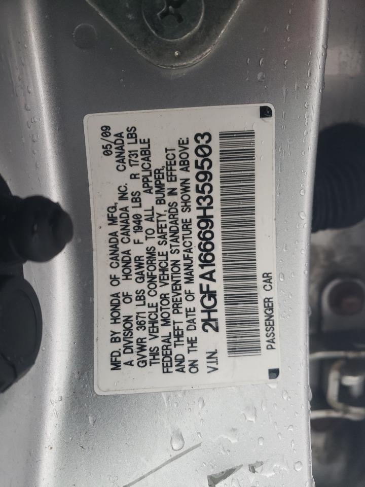 2009 Honda Civic VIN 2HGFA16669H359503 Copart auction photo, front end / minor dent/scratches damage thumbnail 12