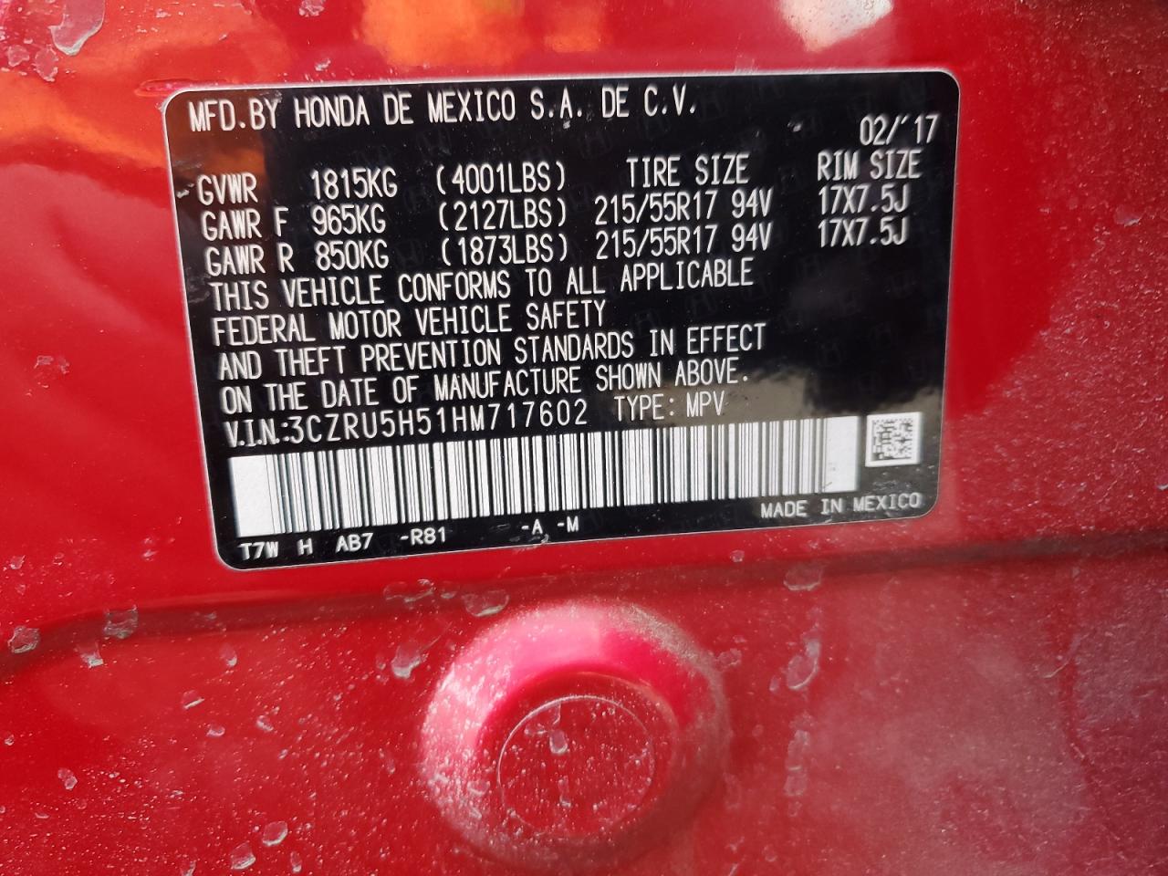 2017 Honda HR-V VIN 3CZRU5H51HM717602 Copart auction photo, side / front end damage thumbnail 15