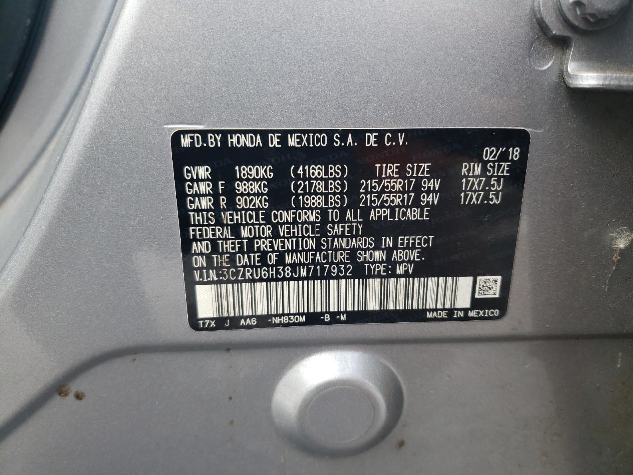 2018 Honda HR-V VIN 3CZRU6H38JM717932 Copart auction photo, minor dent/scratches damage thumbnail 12