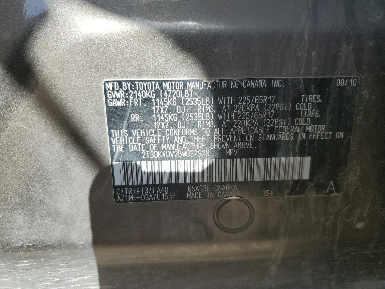 2011 Toyota RAV 4 VIN 2T3DK4DV2BW037929 Copart auction photo, rear end damage thumbnail 13
