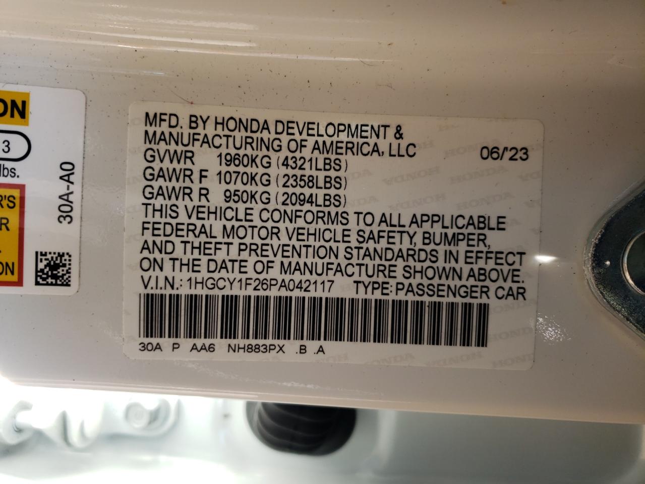2023 Honda Accord VIN 1HGCY1F26PA042117 Copart auction photo, all over / mechanical damage thumbnail 14