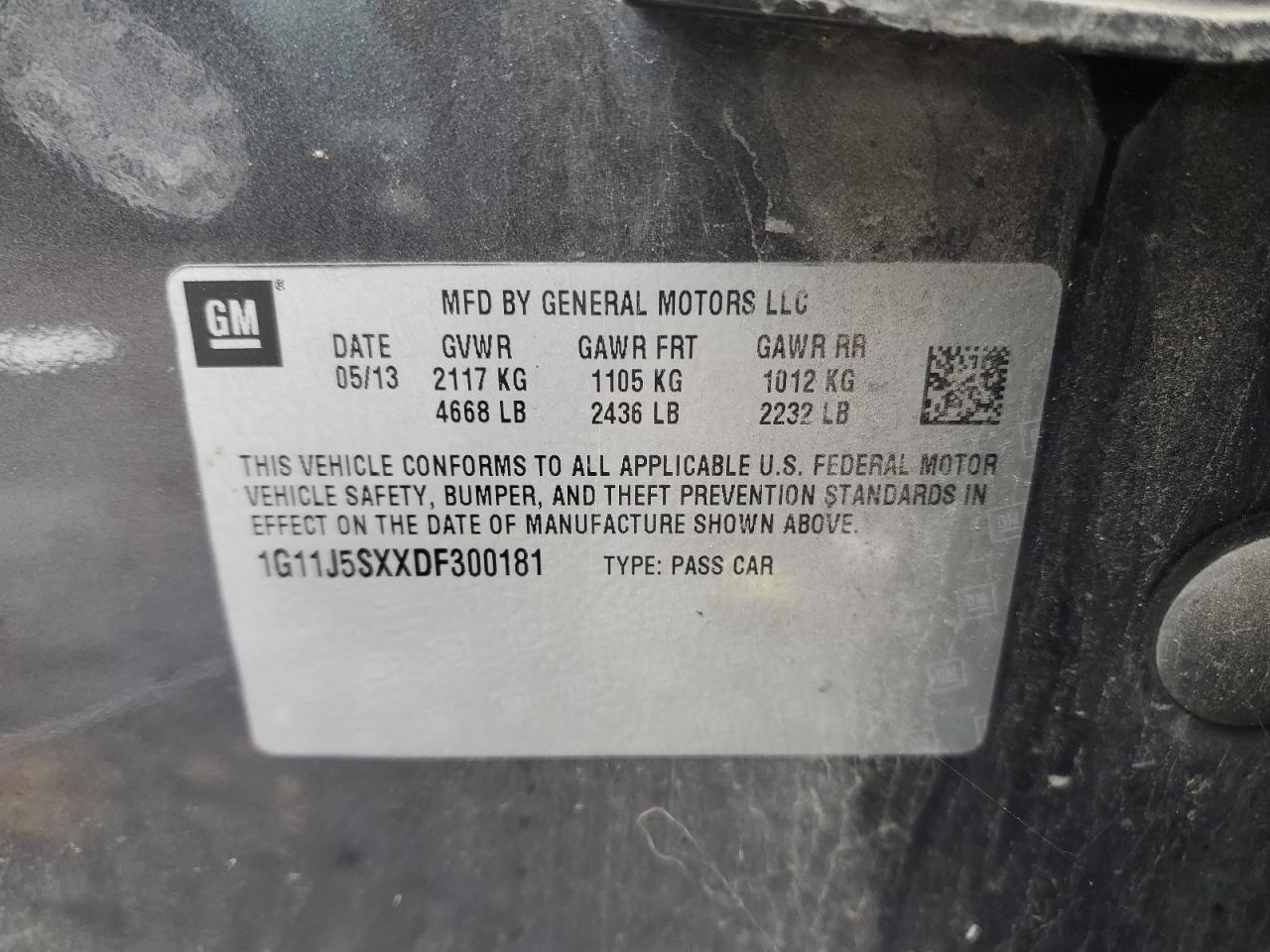 2013 Chevrolet Malibu VIN 1G11J5SXXDF300181 Copart auction photo, front end damage thumbnail 12