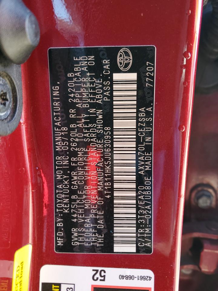 2018 Toyota Camry VIN 4T1B11HK5JU630958 Copart auction photo, side / front end damage thumbnail 12