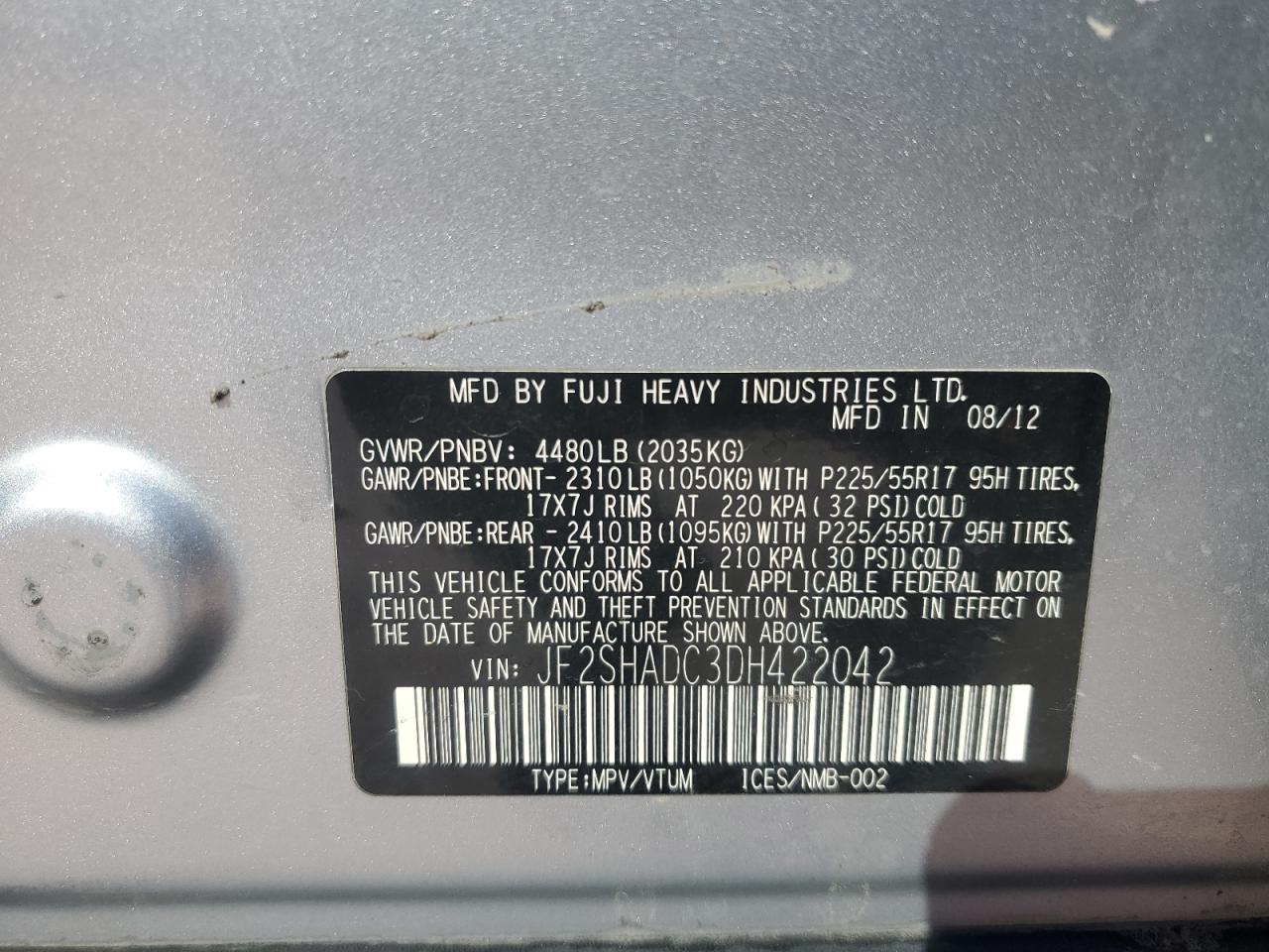 2013 Subaru Forester VIN JF2SHADC3DH422042 Copart auction photo, front end damage thumbnail 14