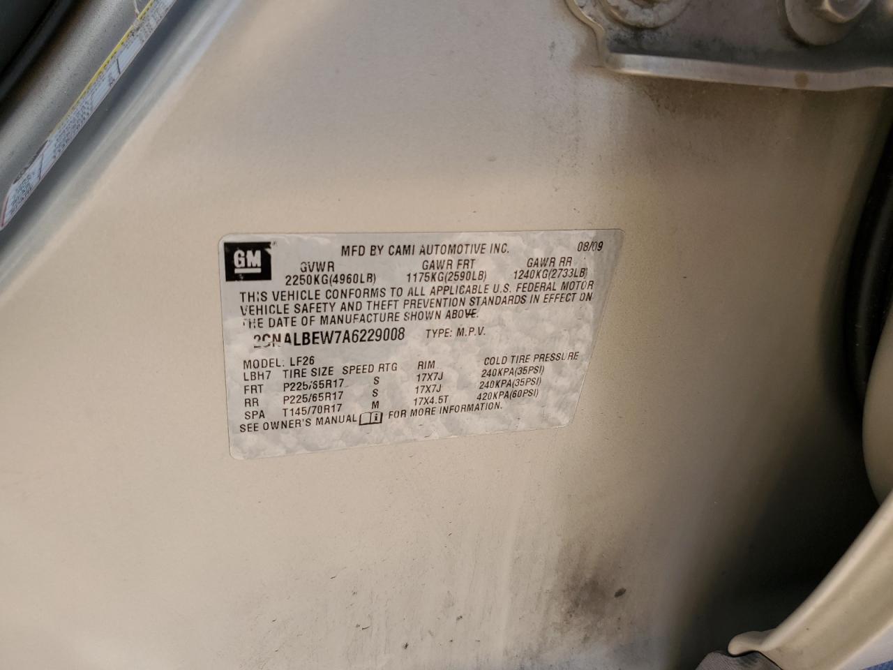 2010 Chevrolet Equinox VIN 2CNALBEW7A6229008 Copart auction photo, rear end damage thumbnail 14