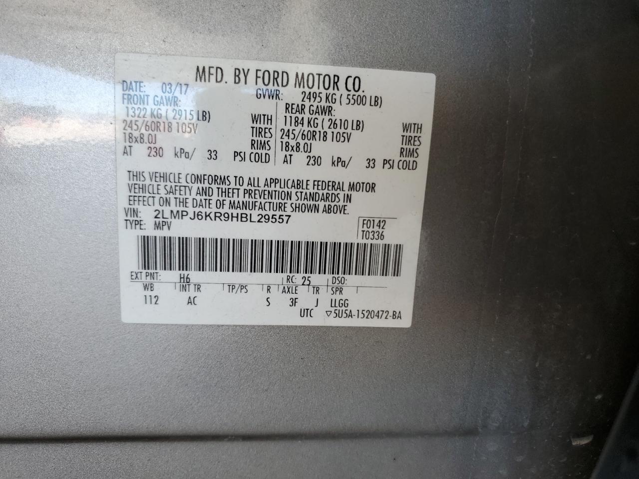 2017 Lincoln MKX VIN 2LMPJ6KR9HBL29557 Copart auction photo, front end damage thumbnail 14