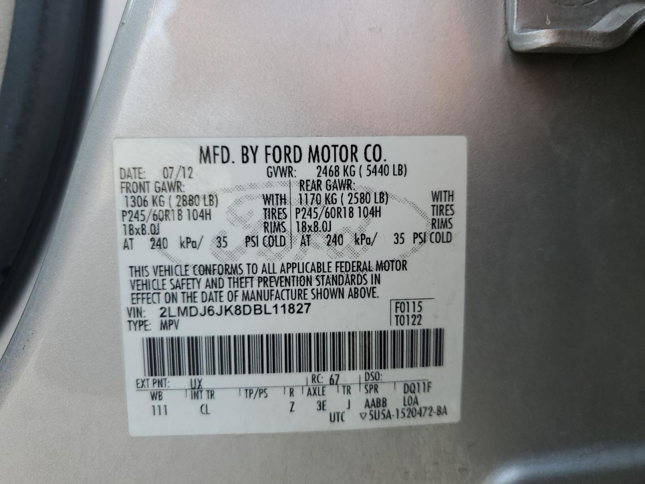 2013 Lincoln MKX VIN 2LMDJ6JK8DBL11827 Copart auction photo, front end damage thumbnail 15